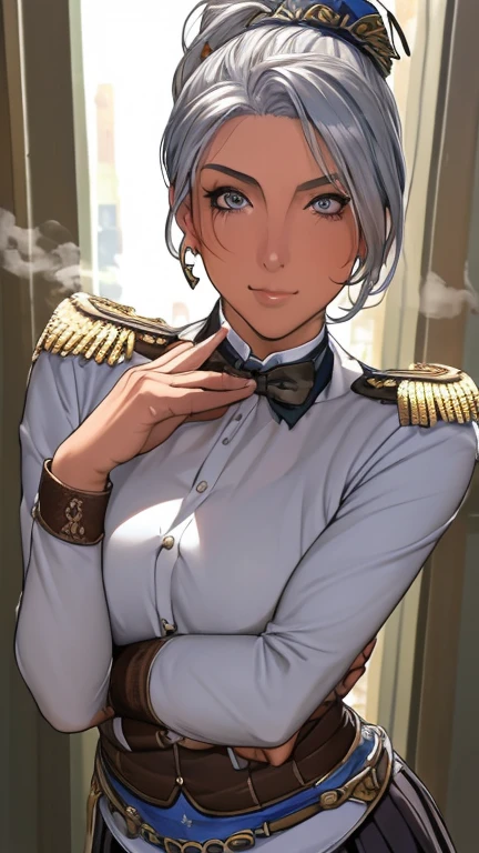 {{{nsfw:1.5}}},{{{bare breasts:1.5}}},{{{selfie:1.5}}},(masterpiece:1.3), (disorganized:1.3), (highest quality:1.3),(perfect anatomy:1.5),(detailed face), solo,1 middle age woman around 50 years old,(Steam Punk), (Victorian era),Hong kong,(Kowloon),horizontal angle,hands,((looking at viewer)), (Super detailed:1.3),(best shadow:0.7),saggy breast,(treated silver hair),ponytail hair,fine eyes, beautiful eyes, 1 mature woman, ((saggy small breast)),muscular,alone, standing, crystal earrings,closed_mouth, arm_behind_return,French military police uniform,Gendarmerie nationale uniform,skirt,rest outdoors, intimidating pose,cowboy shot