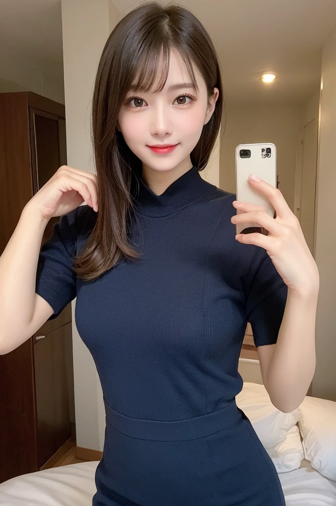 Selfie、On the bed、 Wear warm clothes、indoor、Very short hair、Berry Shortcut、Highest quality, figure, Super detailed, In detail, High resolution, 8k wallpaper, Perfect dynamic composition, Beautiful attention to detail, dress,Medium Hair, Small breasts、Natural color lip, Random sexy poses,smile,24-years-old