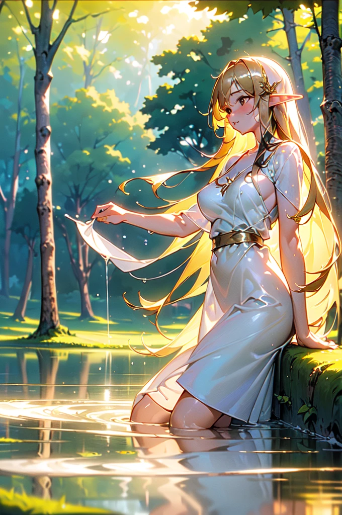 1girl, muelsyse \(arknights\), arknights
\\\\\ masterpiece, best quality, newest ///// nyantcha, khyle, cutesexyrobutts \\\\\ thin waist, solo, cropped legs,, dutch angle, naked towel,, transperent, see-through. sky, space, outside border, greenery, green hair, stars, white stockings,  long hair, orange eyes, onsen, pointy ears, looking at viewer, squatting, below view