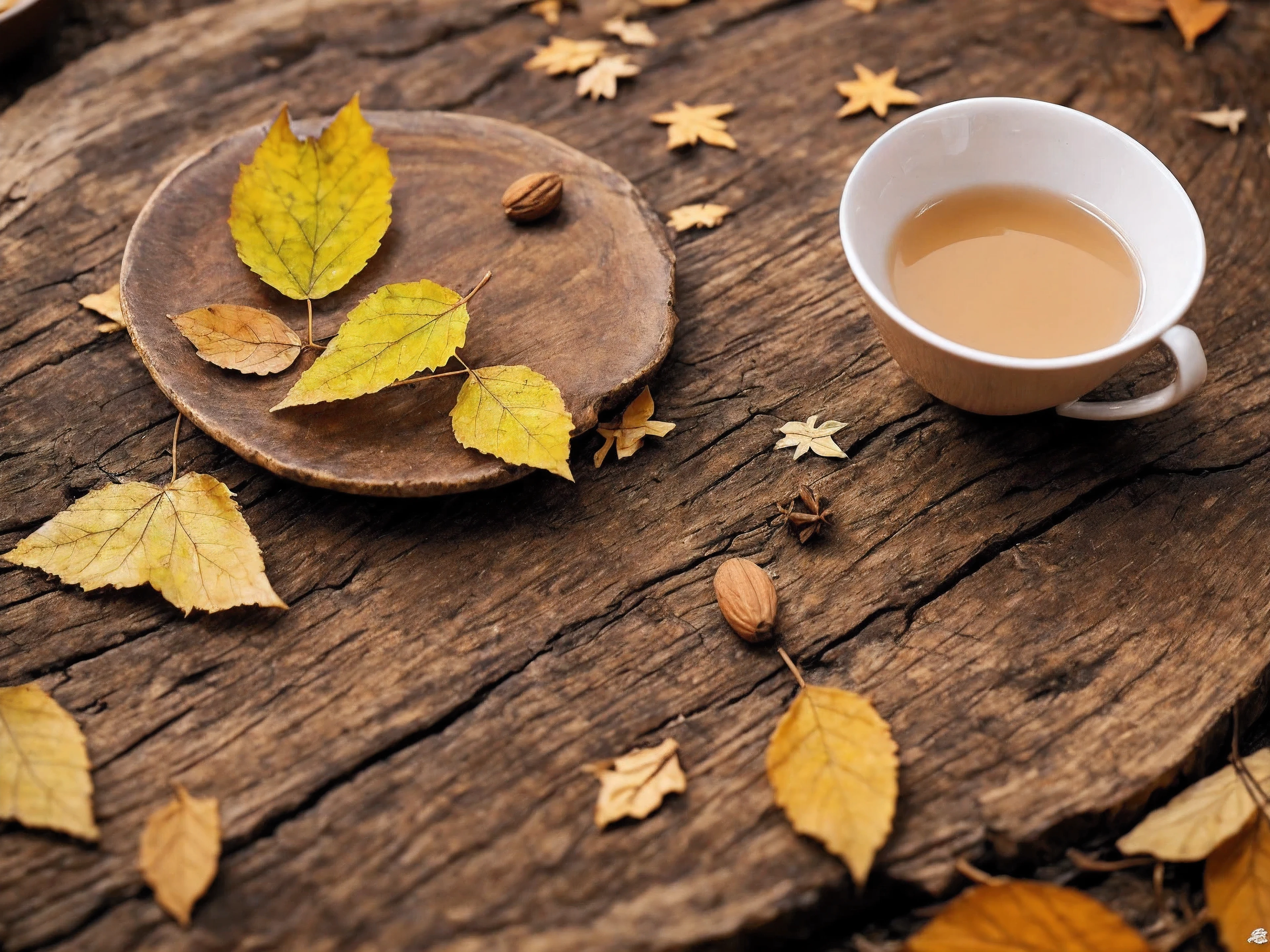 Best Quality,4K,8K,High resolution,masterpiece:1.2,Ultra-detailed,Realist,fotorRealist:1.37 Close-up of a cup of milk on a rustic table depicting autumn,Autumn atmosphere,Tree vertical depth of field,soil,Organic Fine Porcelain Tea Cup,Some leaves are falling in the background,柔らかいsoilの上に落ちた葉,Filtered Natural Light,Warm golden tones Subtle bokeh effect,Parts of the background are out of focus Detailed texture of a table,Deep colors that evoke the autumn season Attention to detail, such as the water droplets on the cup Emphasizes the warmth and comfort of the scene The subtle scent of cinnamon and nutmeg floating in the air,Suggests a touch of spice in drinks.