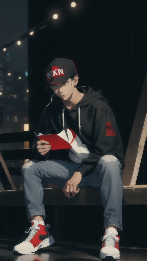 displays realistic ultra HD resolution, a 20year old Indonesian man wearing a black hoodie, a white and red baseball cap with the word "CK" jeans with a tear on the knee, Jordan shoes, sitting with his head bowed in a 3D writing "KHILAF" when it rains, against a dark background of the city at night  full of lights and slightly blurred with dim white light