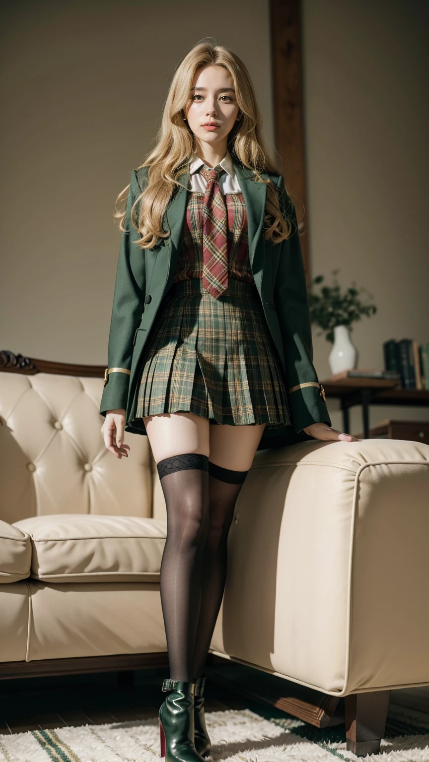 UHD,8K,girlvn01, 1girl,school,Big Eyes,Stunningly Beautiful Girl,green suit,Epaulette, pleated plaid green skirt,plaid red necktie, Long shaped face,Sandy Blonde side-swept hair,standing ,black stocking ,sofa,student boots high heels,full body,