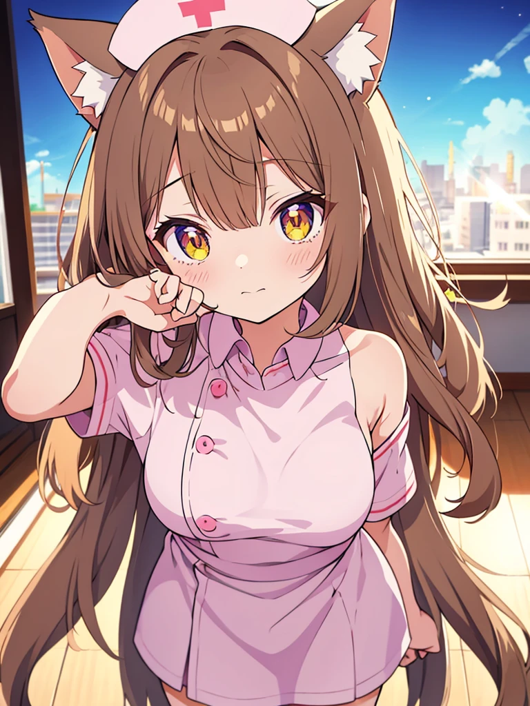 An anime girl with cat ears and a cat tail, dressed as a nurse. She has long, straight light brown hair that falls softly over her shoulders.. His eyes are large and emerald in color., full of sweetness and empathy. Las orejas de gato son esponjosas y the same color as your hair, with slightly darker tips.She wears a white nurse&#39;s uniform with pink trim., a white apron with a small pink bow on top, and a nurse&#39;s hat with a red cross. Her cat tail is long and fluffy, the same color as your hair, and curves gracefully behind her.He is standing in a bright hospital room, with a kind expression and a slight smile. In one hand he holds a tray with medical supplies, while the other hand is raised in a greeting gesture. Around it, there are details like a hospital bed, a small table with flowers and a window where the sunlight comes in.