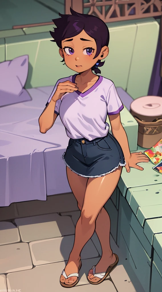 Luz Noceda, massive breasts, cleavage, ((purple and white small shirt and a black stripped miniskirt)), high quality fanart, open legs Style, official fanart, , official art, (nsfw), barefoot, ((open-toe wedges))