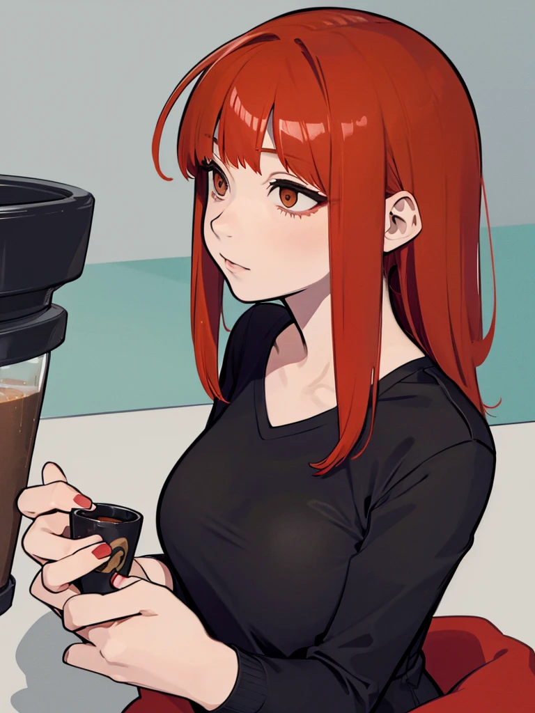21-years old woman, red hair combed to the left side, brown eyes