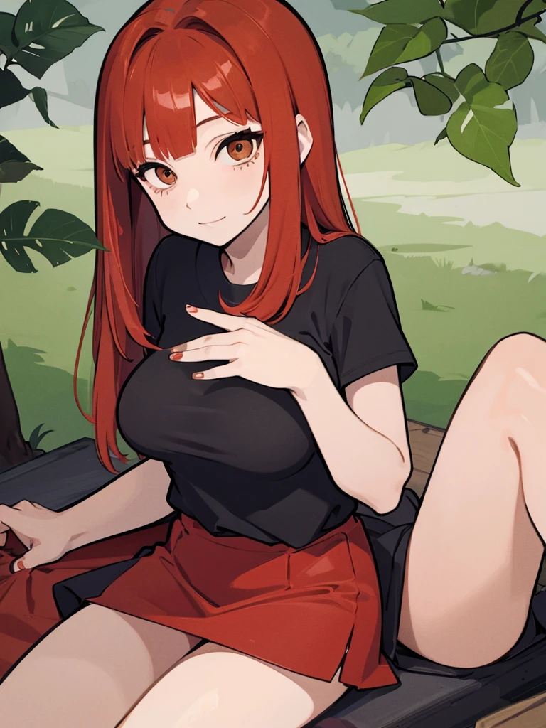 21-years old woman, red hair combed to the left side, brown eyes