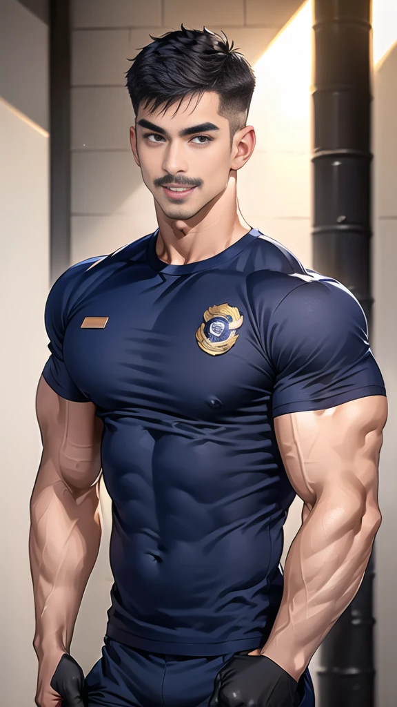 (handsome Man),(Thin mustache:1.1),(crew cut short hair:1.5),black eye,
(navy blue tight-fitting round neck short sleeve T-shirt:1.3),(Police badge:1.3),navy blue cargo pants,(navy_gloves:1,3),
Korean guy,chest muscles,large arm muscles,blood vessel,Big muscles,Broad shoulders,(open mouth:1.2),(face up:1.2),(open eyes:1.5),middle of the road,smile,(under town:1.4),