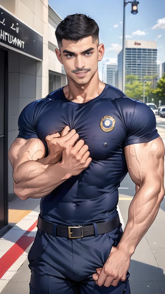 (handsome Man),(Thin mustache:1.1),(crew cut short hair:1.5),black eye, (navy blue tight-fitting round neck short sleeve T-shirt:1.3),(Police badge:1.3),navy blue cargo pants,(navy_gloves:1,3), Korean guy,chest muscles,large arm muscles,blood vessel,Big muscles,Broad shoulders,(open mouth:1.2),(face up:1.2),(open eyes:1.5),middle of the road,smile,(City town:1.4)