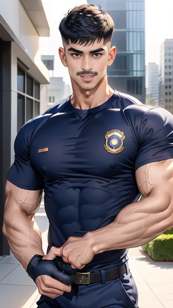 (handsome Man),(Thin mustache:1.1),(crew cut short hair:1.5),black eye, (navy blue tight-fitting round neck short sleeve T-shirt:1.3),(Police badge:1.3),navy blue cargo pants,(navy_gloves:1,3), Korean guy,chest muscles,large arm muscles,blood vessel,Big muscles,Broad shoulders,(open mouth:1.2),(face up:1.2),(open eyes:1.5),middle of the road,smile,(City town:1.4)