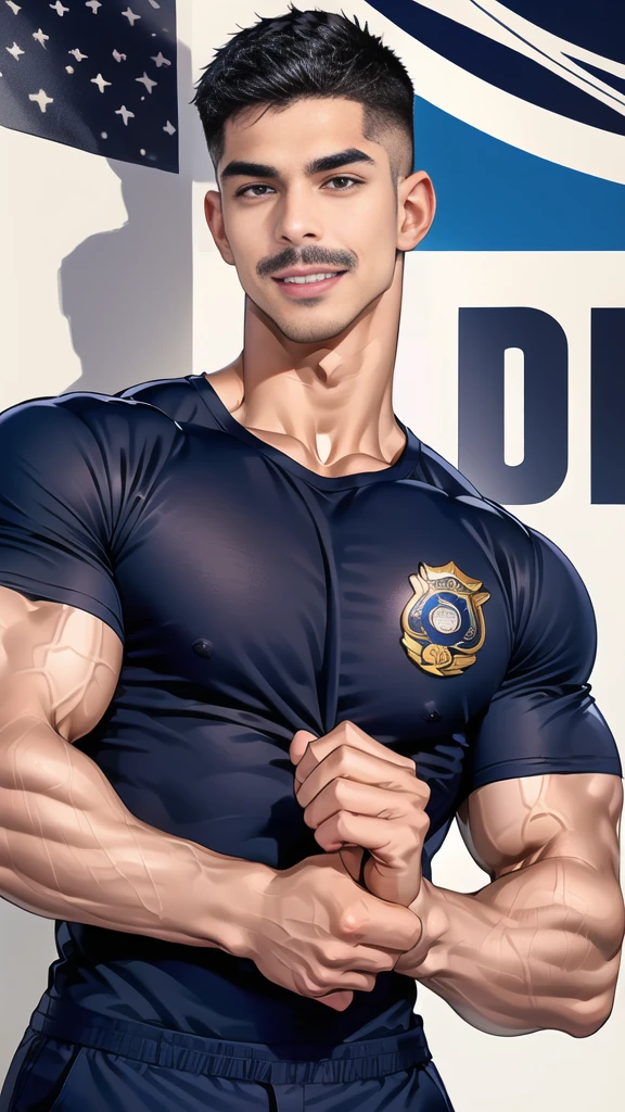 (handsome Man),(Thin mustache:1.1),(crew cut short hair:1.5),black eye, (navy blue tight-fitting round neck short sleeve T-shirt:1.3),(Police badge:1.3),navy blue cargo pants,(navy_gloves:1,3), Korean guy,chest muscles,large arm muscles,blood vessel,Big muscles,Broad shoulders,(open mouth:1.2),(face up:1.2),(open eyes:1.5),middle of the road,smile,(City town:1.4)
