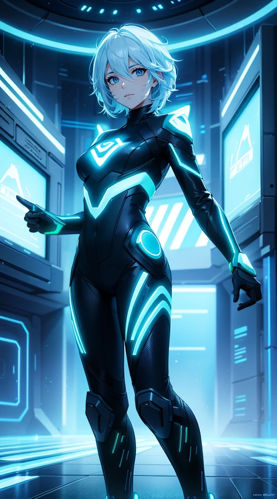 Tron Legacy, Effet de costume fluo, Une belle fille avec, HD Portrait, (High quality) (ultra details) Regarder le spectateur en tenue de ville de style hip-hop; different, colourfull, very white hair