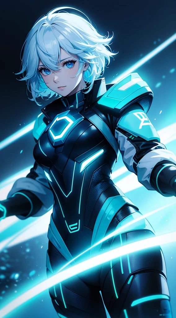 Tron Legacy, Effet de costume fluo, Une belle fille avec, HD Portrait, (High quality) (ultra details) Regarder le spectateur en tenue de ville de style hip-hop; different, colourfull, very white hair
