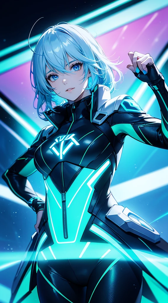 Tron Legacy, Effet de costume fluo, Une belle fille avec, HD Portrait, (High quality) (ultra details) Regarder le spectateur en tenue de ville de style hip-hop; different, colourfull, very white hair