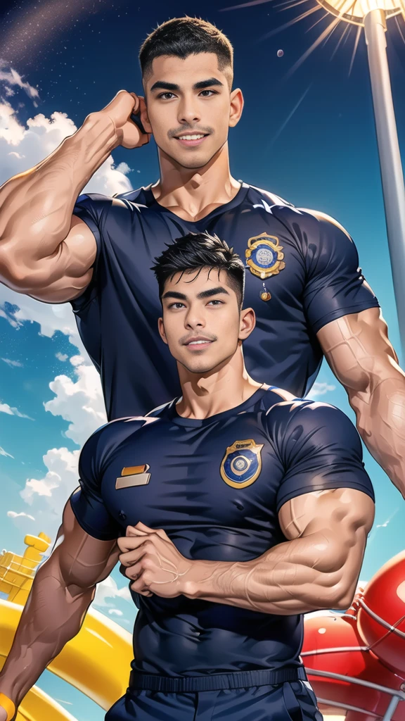 (handsome Man),(Thin mustache:1.1),(crew cut short hair:1.5),black eye,
(navy blue tight-fitting round neck short sleeve T-shirt:1.3),(Police badge:1.3),navy blue cargo pants,(navy_gloves:1,3),
Korean guy,chest muscles,large arm muscles,blood vessel,Big muscles,Broad shoulders,(open mouth:1.2),(face up:1.2),(open eyes:1.5),middle of the road,smile,(water park:1.4),