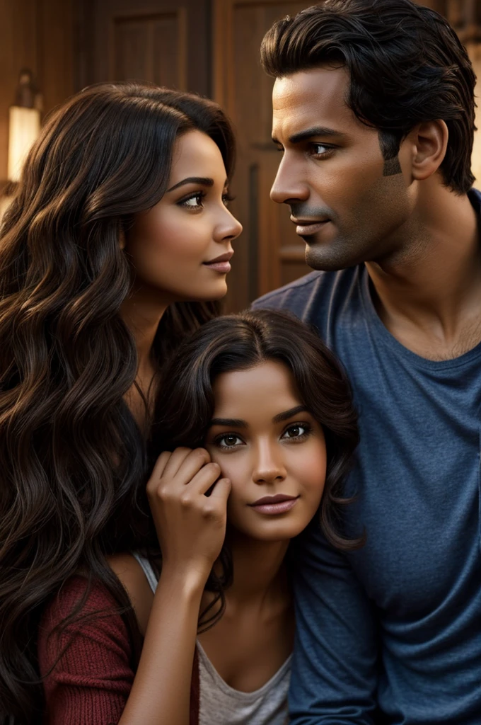 A couple, the dark woman and the darker man, Disney Pixar style, high quality, Best Quality, with two dogs, one medium and one small, with long wavy hair, Brown eyes