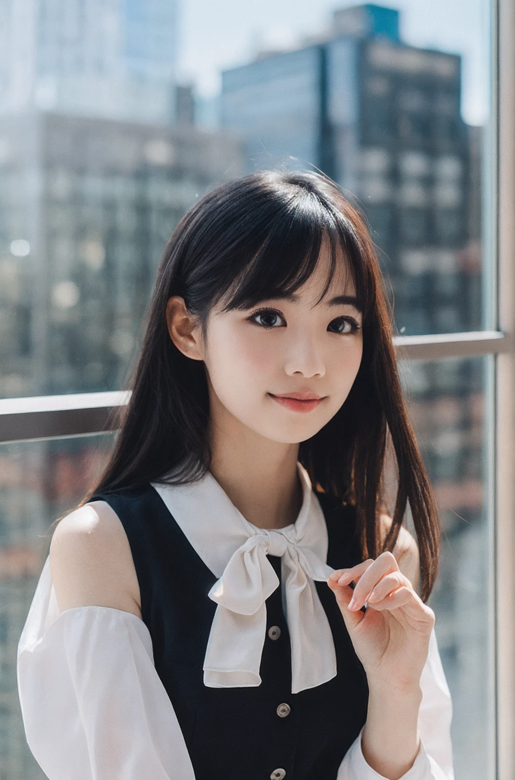 1girl, matured female, vest, bow, best quality, hires, detailed face, office, buildings from window, detailed background, diffused sunlight, depth of field, bokeh