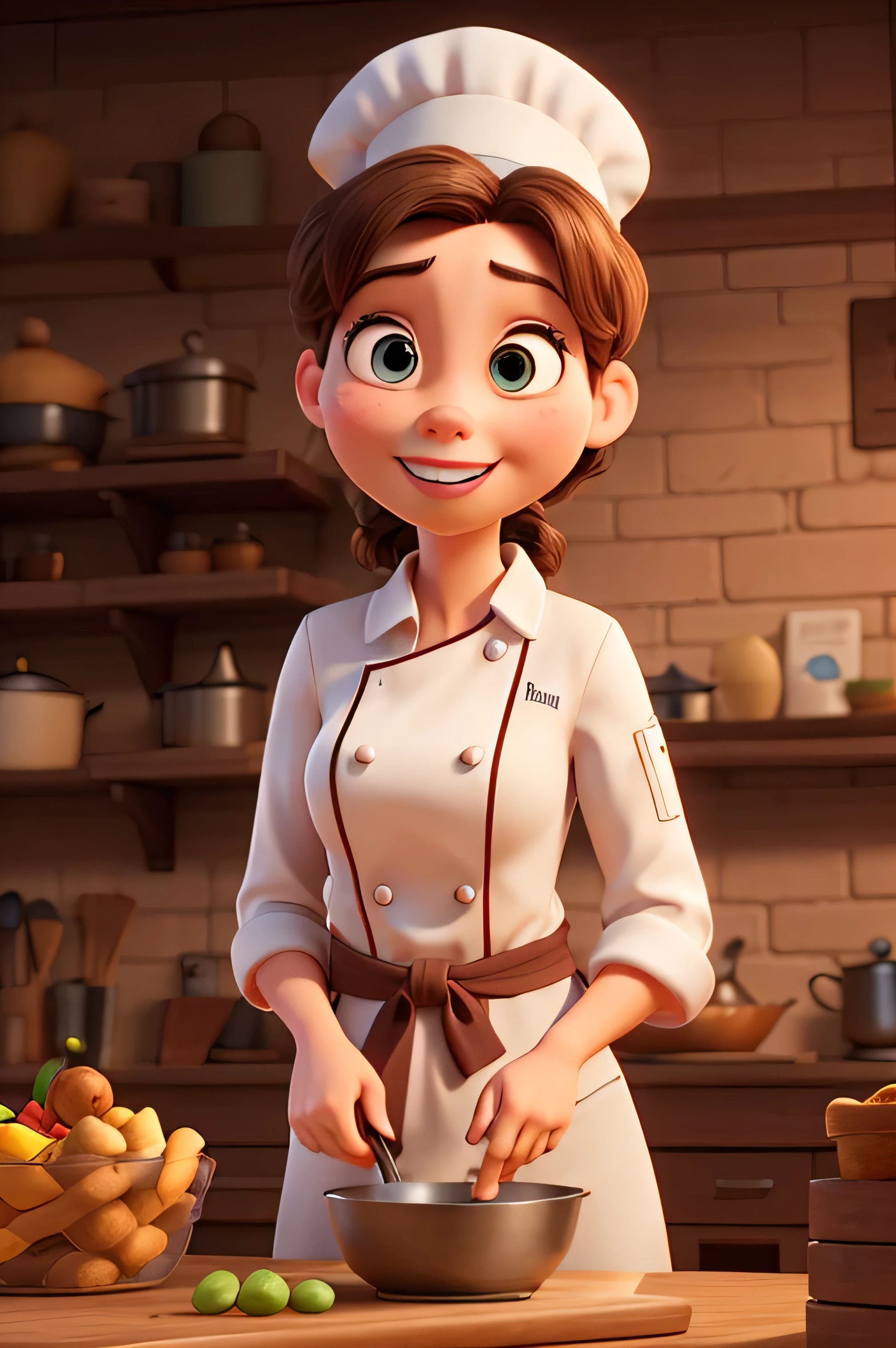 Create a Disney Pixar Poster. A woman chef, with hair tied up wearing a chef's bandana, with happy smile, small brown eyes. She wears small earrings. She is cutting vegetables inside a soup pot on a counter. She wears a white dress with a white apron. There are vegetables and seasonings on the table.