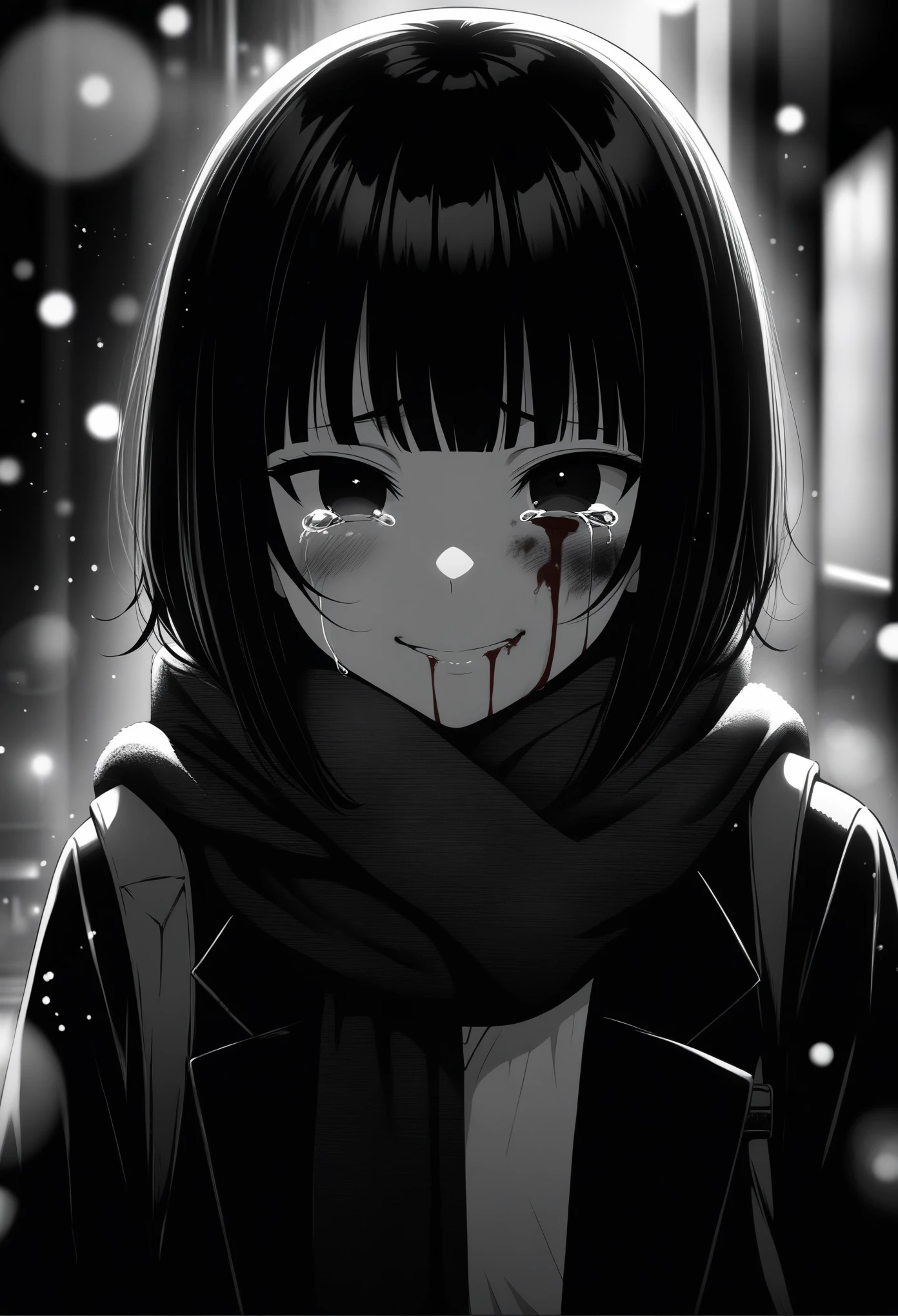  masterpiece, best quality, 1girl, ichikawa feesu, official art, gawr gura with black bob cut and black eyes

greyscale, manga style, japanese, chi no wadachi, black eyes, eyelashes, street, iced, black hair, schoolbag, smile, crying, tears, tears streaming, blood, blood_from_mouth, bruise, nosebleed, lineart, face against the ground, looking at viewer, blood on face, black coat, black scarf, 35 years old, mature_female:1, tall, fair skinned, bokeh background, streaming, bob cut, light particles, centered, snowing, emotional anime scene, (very aesthetic, best quality, ultra detailed), intricate details, red and blue lights flashing,