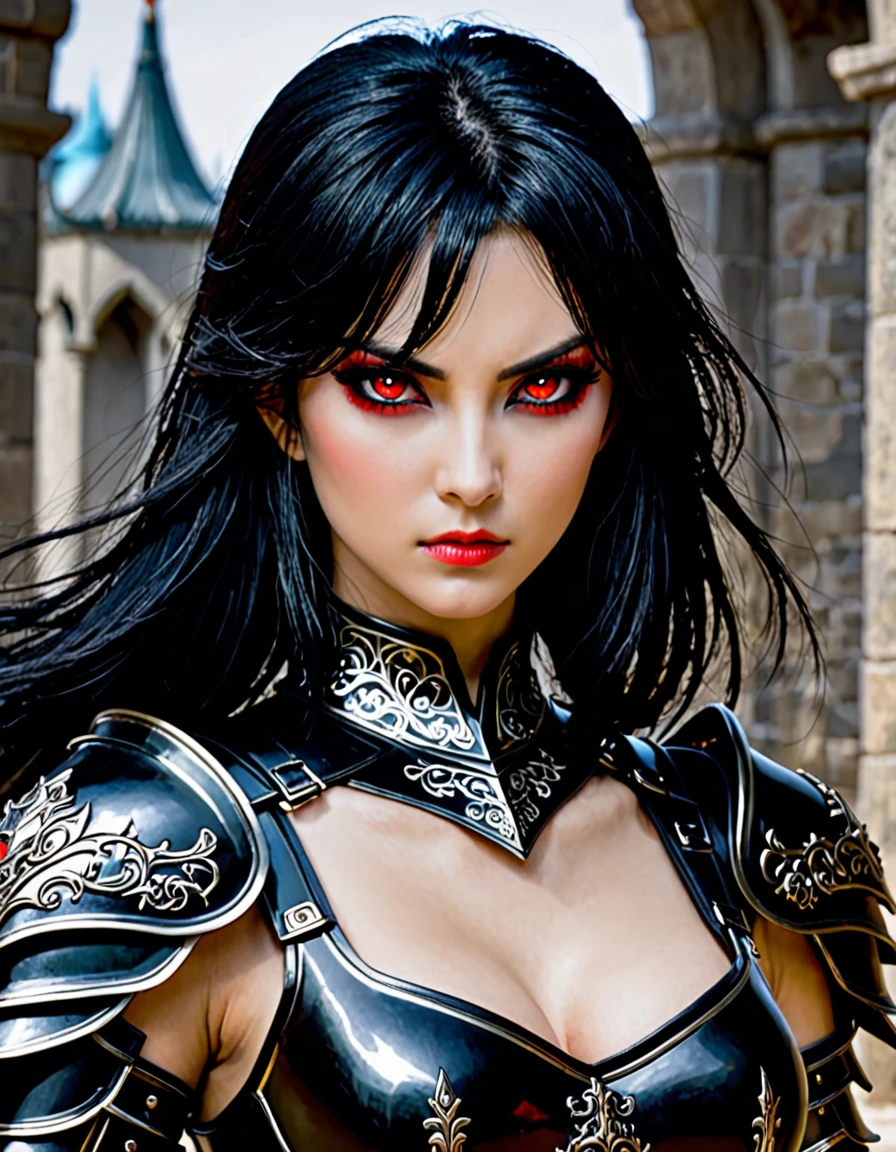 She wears a black armor has black hair red eyes picture large she looks very evil