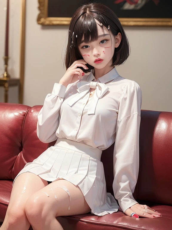 (masterpiece、Highest quality:1.7)、、(Full body shot:1.5)、Bobcut、Black Hair、85mm、16K、Official Art、RAW Photos、Best Beautiful Faces、Close-up、Violet、Gardenia、The best beautiful girl、very cute、Red blush on cheeks、indoor、(Sit on the couch:1.8)、Film Grain、Chromatic Aberration、Sharp Focus、(((Nice hands、Perfect hands、Perfect Fingers、A perfect body without flaws)))、Detailed face、(Slender body:1.5)、(Slender body:1.2)、(Small breasts:1.9)、(Let your bangs hang down:1.8)、(Blushing:1.8)、(Low contrast lighting:1.2)、(White tight business blouse with collar:1.5)、(White bow tie blouse:1.3)、(Long sleeve: 1.3)、(White pleated mini skirt:1.5)、(Mouth wide open:1.5)、(Eyes closed:1.5),(Hold your cheek with your palm:1.8)、(A lot of cum on my face:1.5)