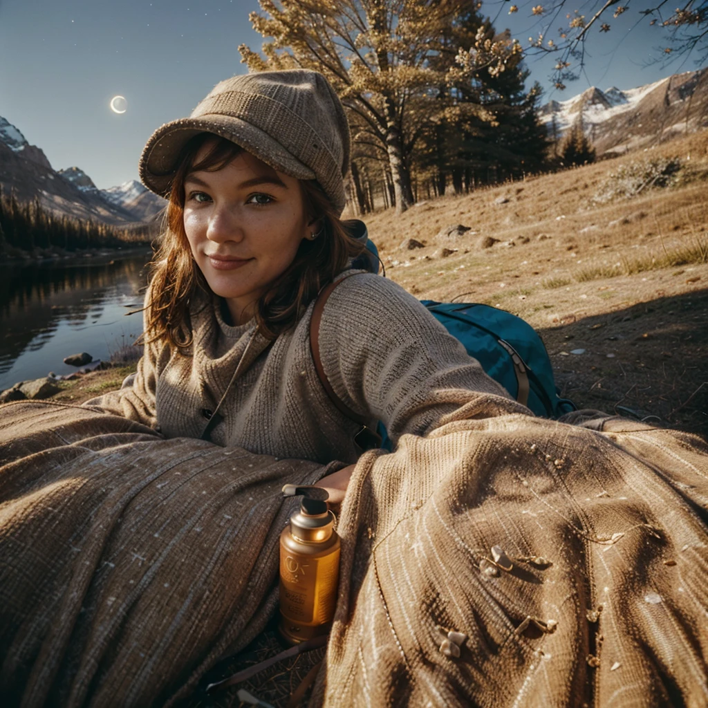 Artemis Wolfe ((upper body selfie, happy)), male,  masterpiece, best quality, ultra-detailed, solo, outdoors, (night), mountains, nature, (stars, moon) cheerful, happy, backpack, sleeping bag, camping stove, water bottle, mountain boots, gloves, sweater, hat, flashlight, forest, rocks, river, wood, smoke, shadows, contrast, clear sky, analog style (look at viewer:1.2) (skin texture) (film grain:1.3), (warm hue, warm tone) :1.2), close up, cinematic light, sidelighting, ultra high res, best shadow, RAW, upper body,  , wearing pullover
kodak vision 3,