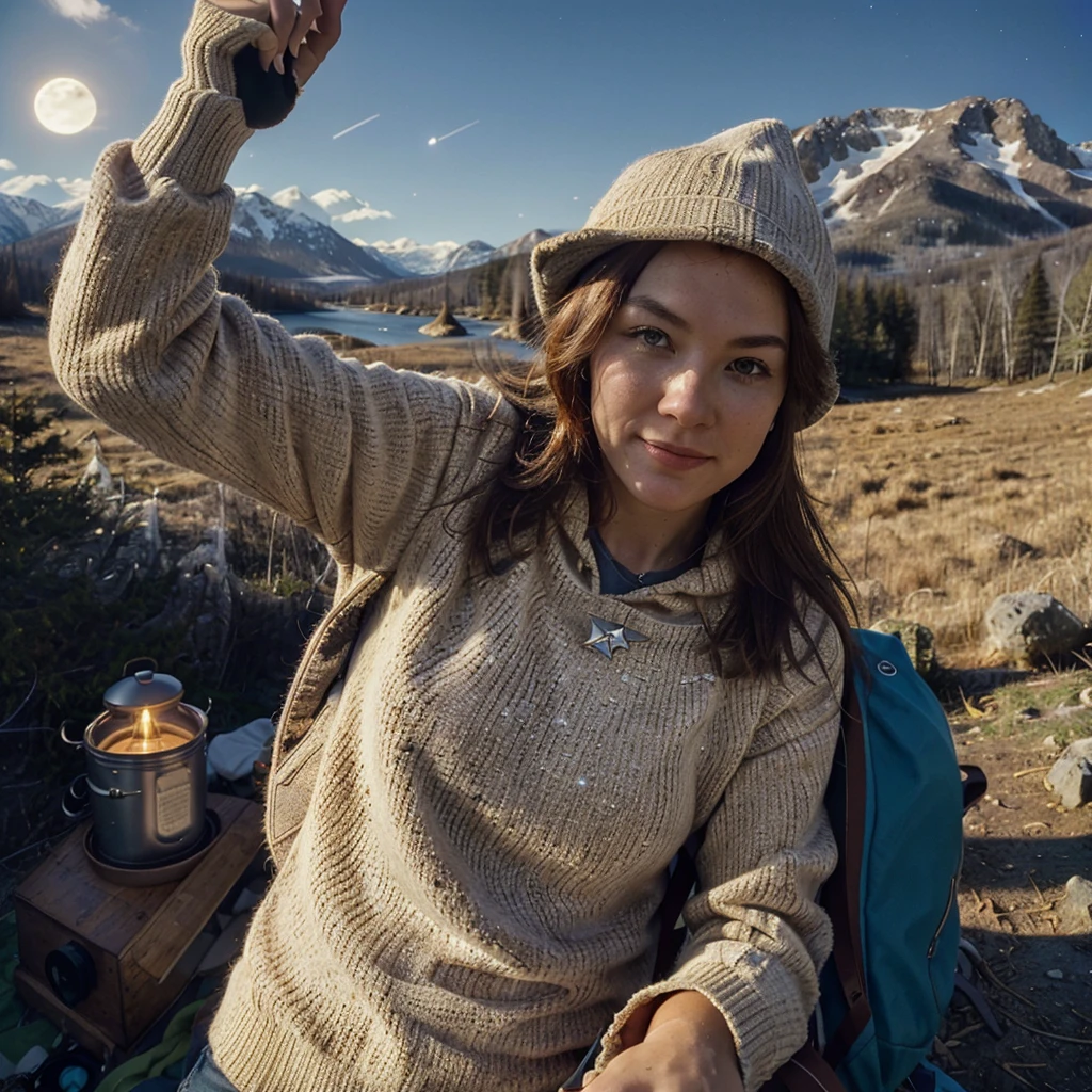Artemis Wolfe ((upper body selfie, happy)), male, masterpiece, best quality, ultra-detailed, solo, outdoors, (night), mountains, nature, (stars, moon) cheerful, happy, backpack, sleeping bag, camping stove, water bottle, mountain boots, gloves, sweater, hat, flashlight, forest, rocks, river, wood, smoke, shadows, contrast, clear sky, analog style (look at viewer:1.2) (skin texture) (film grain:1.3), (warm hue, warm tone) :1.2), close up, cinematic light, sidelighting, ultra high res, best shadow, RAW, upper body, , wearing pullover
kodak vision 3,