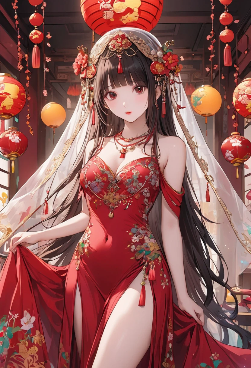 Very long hair,（（（Eyes are very delicate）））（（（Hair accessories）））（（（veil）））,necklace,Misa wears a red transparent sexy silk dress, ((glowing skin))The room is filled with Lunar New Year decorations（（（masterpiece）））, （（best quality））, （（Intricate details））, （（Surrealism））（8K）, Change