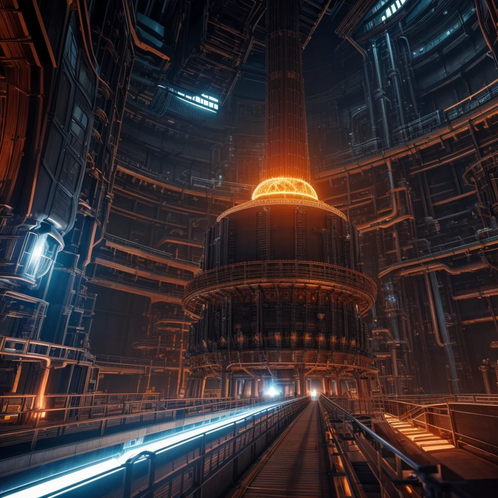 A nuclear fusion reaction, detailed nuclear reactor, nuclear energy, glowing nuclear rods, futuristic sci-fi facility, industrial interior, complex machinery, advanced technology, dramatic lighting, cinematic atmosphere, highly detailed, 8k, photorealistic, masterpiece