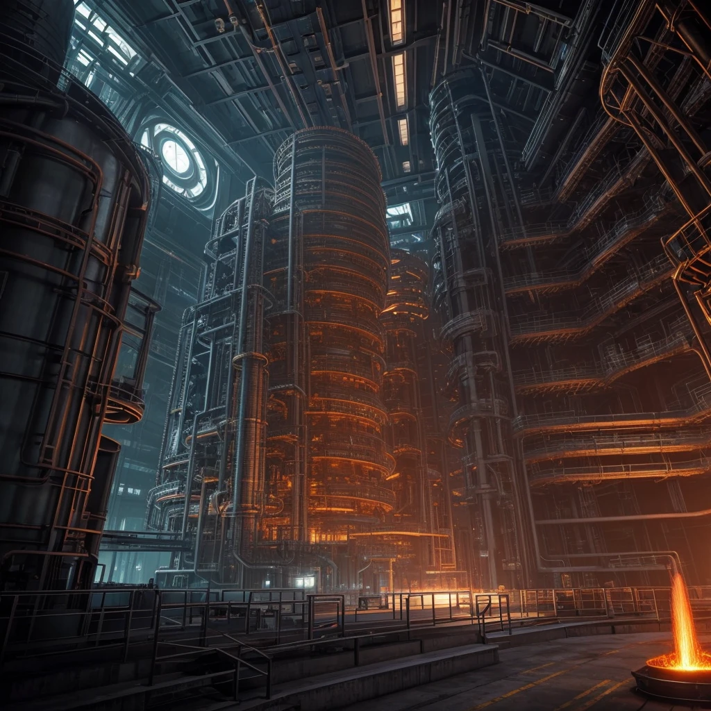 A nuclear fusion reaction, detailed nuclear reactor, nuclear energy, glowing nuclear rods, futuristic sci-fi facility, industrial interior, complex machinery, advanced technology, dramatic lighting, cinematic atmosphere, highly detailed, 8k, photorealistic, masterpiece
