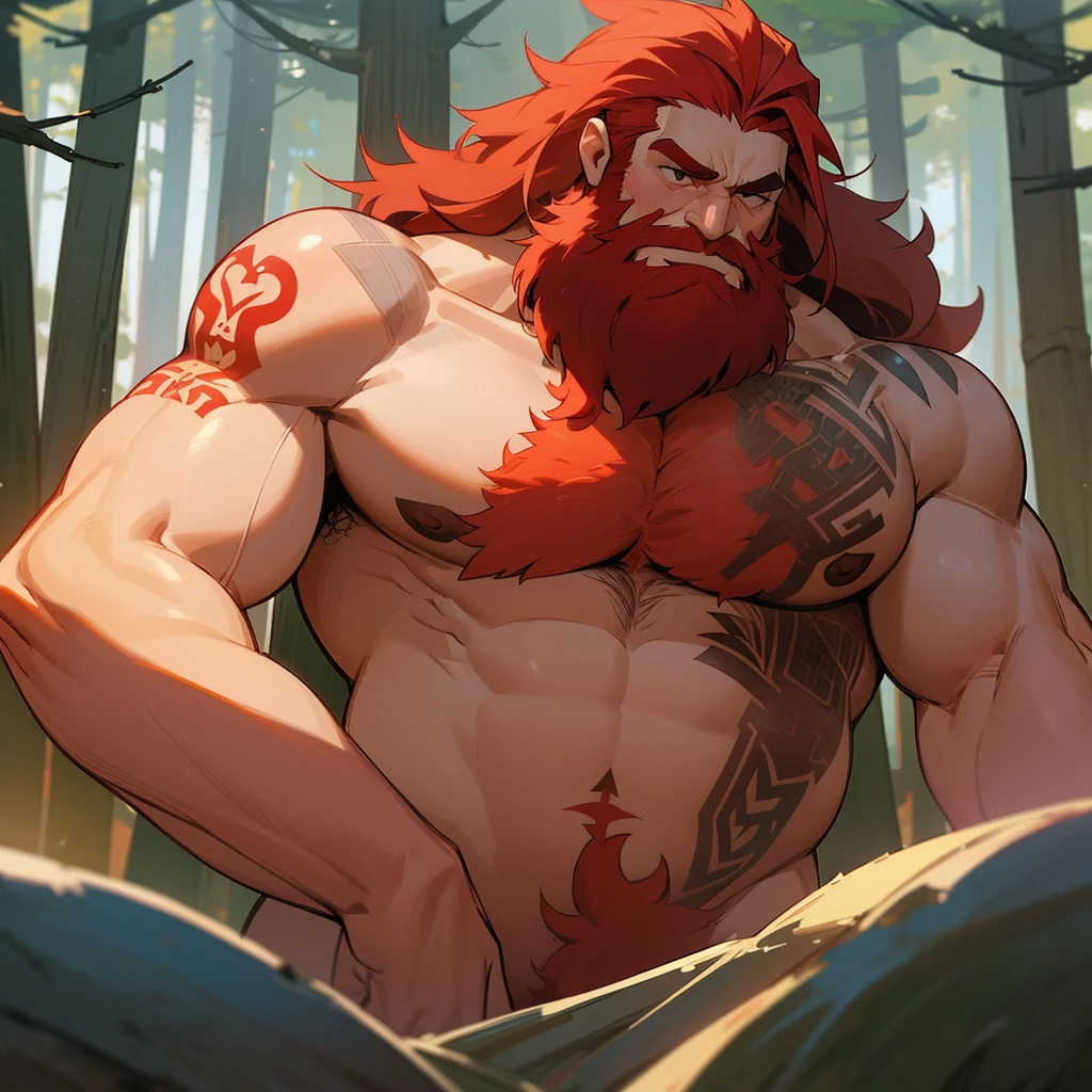man, Viking, age 60, tattoos on body, Red hair, red beard, long beard, thick and strong, big belly, thick body hair, Thick chest hair, thick pubic hair, naked, completely without clothes, small, In the woods, large fir trees, the sun's rays break through the trees, nature, standing in the water, Touches the