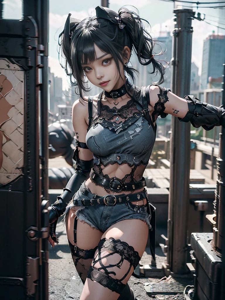 (Full Body View:1.3)、(Side view:1.1)、(Wearing a thong:1.4)、(Accentuate your butt:1.3)、(Smiling with teeth showing:1.3),(Shibuya Gal:1.5)、(Neo-goth style fashion:1.5)、(Punk RockVisual Kei:1.4)、(A high-leg bodysuit in a delicate design of denim, silver and black:1.5)、(Denim, black gloves and sailor shirt:1.5)、(Denim high heels:1.3)、(Wearing silver accessories:1.5)、(Denim collar:1.4)、(Black Leather Garter Belt:1.4)、(Brown Skin Belt:1.3)、(Black lace underwear:1.5)、20-year-old、NSFW、((Highest quality、In 8K、masterpiece:1.3))、Sharp focus:1.2、(Layered Cut、Huge boobs:1.1),Beautiful woman with perfect figure:1.4、(Dancing vigorously:1.3)、Slender Abs:1.2、Highly detailed face and skin texture、Detailed eyes、double eyelid,(Twin tails:1.3)、(Dark grey hair:1.3)、Gravure idol、(The Caribbean cityscape in the background:1.3)、(Slim body:1.3),(Make your legs thinner:1.4),(clavicle:1.1)