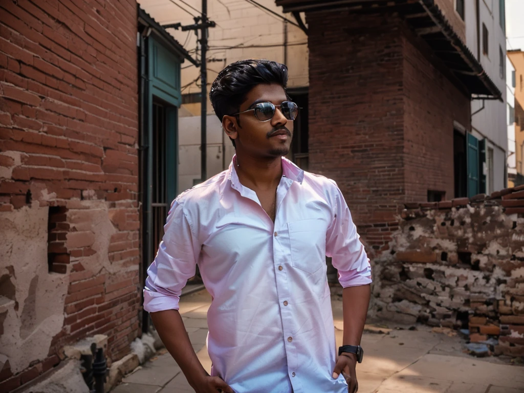 there is a man standing in front of a pile of bricks, jayison devadas style, jayison devadas, stylish pose, casual photography, * colour splash *, very artistic pose, candid picture, ayan nag, portrait shot 8 k, with lovely look, cool pose, portrait mode photo, shot on nikon z9, photography, with a cool pose, attractive pose