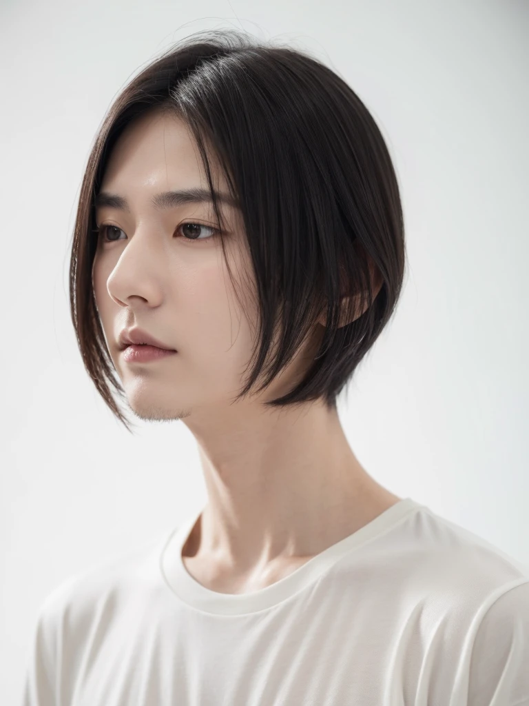 masterpiece, best quality, male, middle-aged, man, emaciated, pale skin, jacket, plain t-shirt, scrawny, tall, jitome, sanpaku, eyes half-closed, black eyes, black hair, center part,long bob, looking at viewer, frowning, puzzled, japanese, stubble, hooked nose, dry skin, hollow cheek, long face,