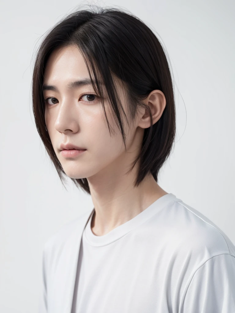 masterpiece, best quality, male, middle-aged, man, emaciated, pale skin, jacket, plain t-shirt, scrawny, tall, jitome, sanpaku, eyes half-closed, black eyes, black hair, center part,long bob, looking at viewer, frowning, puzzled, japanese, stubble, hooked nose, dry skin, hollow cheek, long face,