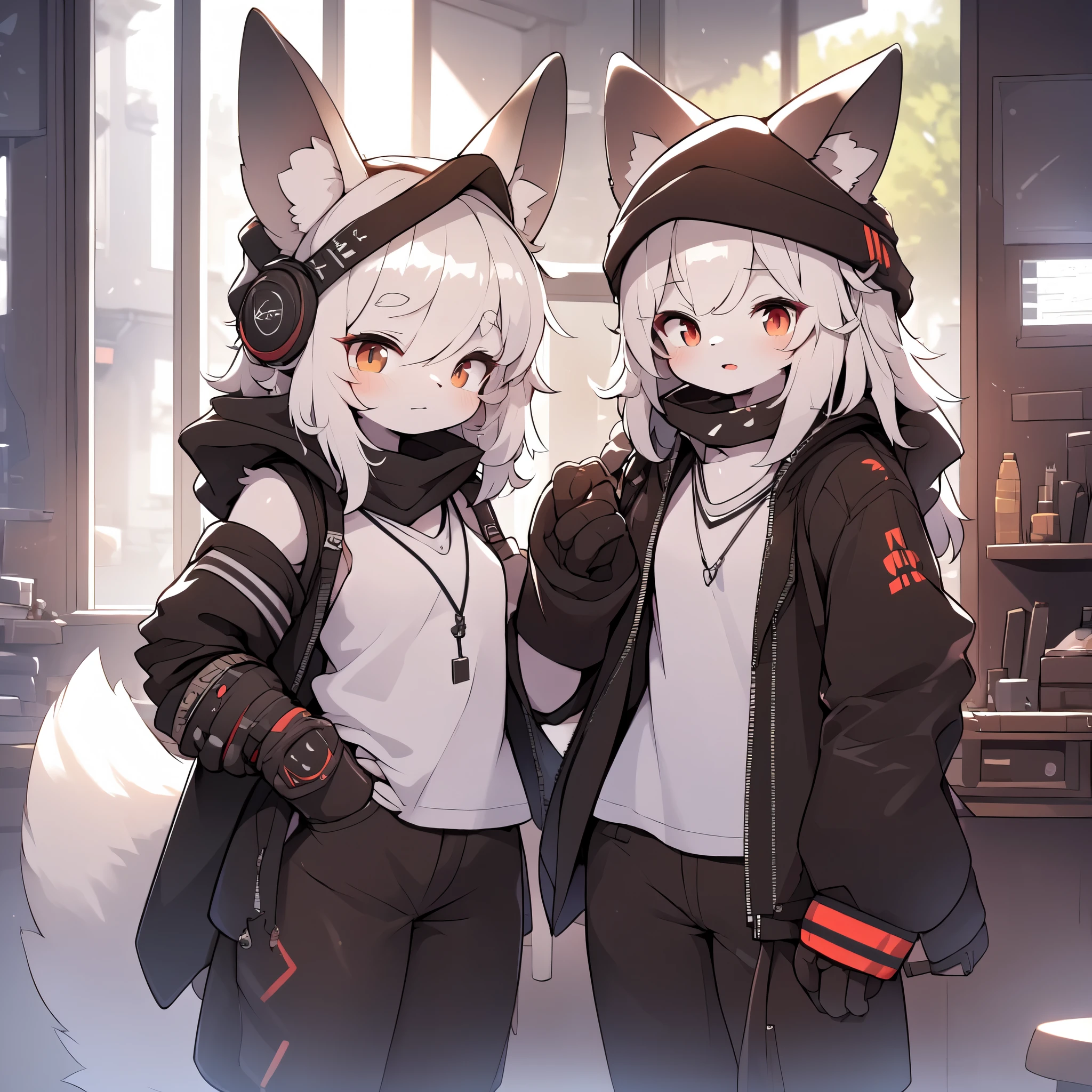 Kawaii, Striped Fluffy Fox, emaciated, long hair, 3girls, flawless skin, life support prosthetics, digital headphones, white long t-shirt, brown pantyhose, loose off-the-shoulder hood open jacket, belted long boots, tactical knee pads, loose Arm Sleeves, cybernetic Display gloves, chest rigs, tactical belts, ray tracing, depth of field, bloom, masterpiece, accurate, extreme detail description, volumetric lighting, rim lighting, chiaroscuro lighting, beautiful detailed face, physically-based rendering, HDR, UHD, anatomically correct, vivid colors, halbard