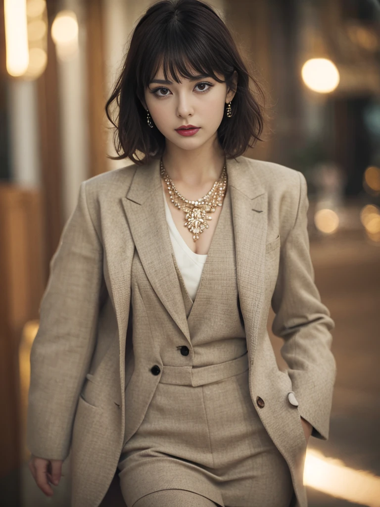 russian girl, fullbody, necklace, jewelry, red eyeliner, brown eyes, bangs, sexy pose, best quality, masterpiece, wearing suit, an extremely delicate and beautiful, CG, unity, 8k wallpaper, Amazing, finely detail, masterpiece, official art, extremely detailed CG unity 8k wallpaper, incredibly absurdres, huge filesize, ultra-detailed, highres, extremely detailed, beautiful detailed girl, realistic, full frontal, light contrast, completely legs