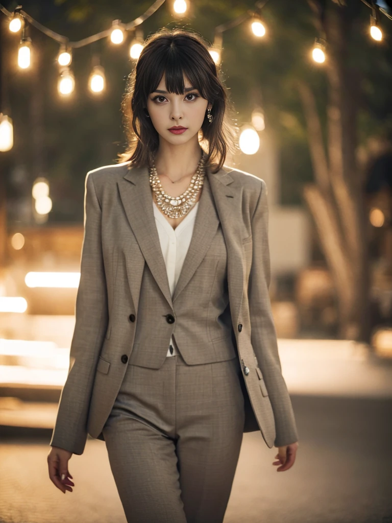 russian girl, fullbody, necklace, jewelry, red eyeliner, brown eyes, bangs, sexy pose, best quality, masterpiece, wearing suit, an extremely delicate and beautiful, CG, unity, 8k wallpaper, Amazing, finely detail, masterpiece, official art, extremely detailed CG unity 8k wallpaper, incredibly absurdres, huge filesize, ultra-detailed, highres, extremely detailed, beautiful detailed girl, realistic, full frontal, light contrast, completely legs

