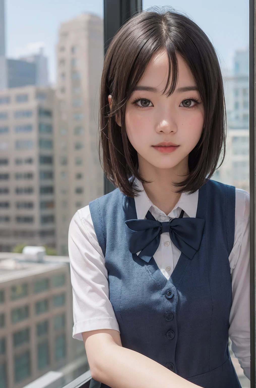 1girl, matured female, vest, bow, best quality, hires, detailed face, office, buildings from window, detailed background, diffused sunlight, depth of field, bokeh