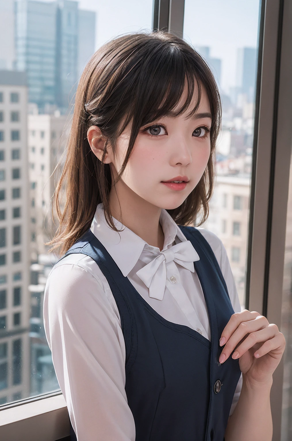 1girl, matured female, vest, bow, best quality, hires, detailed face, office, buildings from window, detailed background, diffused sunlight, depth of field, bokeh