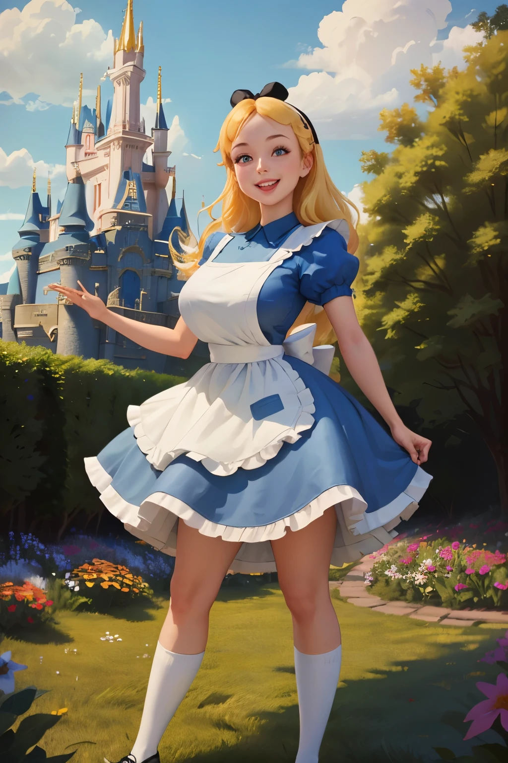 (masterpiece), (best quality), (extremely detailed), alice liddell, blue dress, white apron, black hairband, white long socks, cute pose, in a flower garden, (((disney castle at the background))), (blue sky), (sunny day), 3d. Illustration, Good Highlights, Perfect Proportions, dynamic, Professional, Award winning, (high detailed skin), (high detailed face), photorealistic, HDR, ultra highres, absurdres, perfect body shape, cute smiling, realistic figure, sexy posing, teaser standing, perfect breast, dansing pose