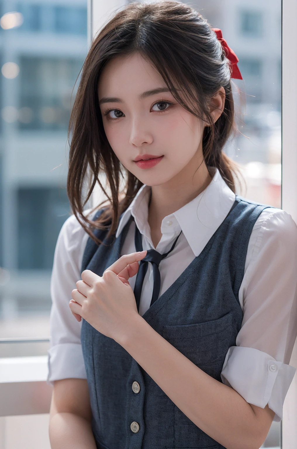 1girl, matured female, vest, bow, best quality, hires, detailed face, office, buildings from window, detailed background, diffused sunlight, depth of field, bokeh
