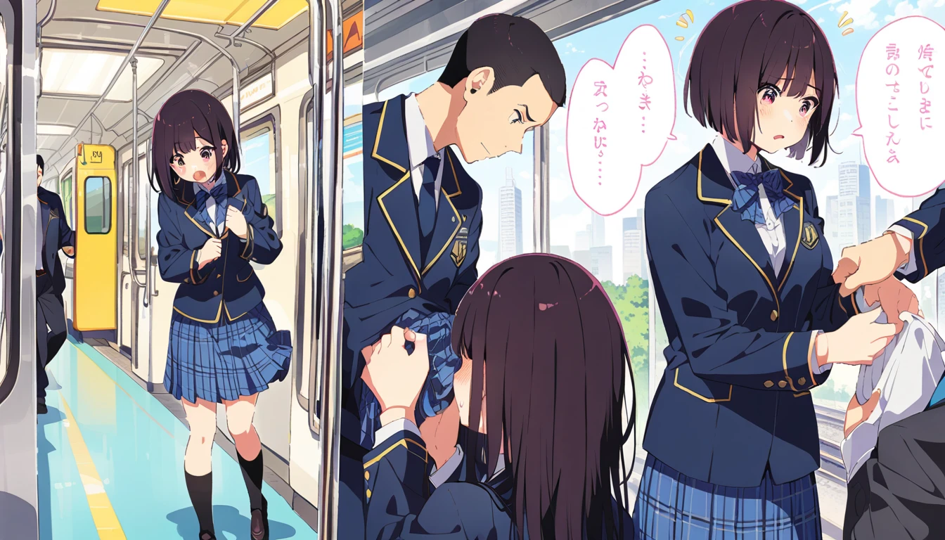 A middle-aged man is grabbing the breasts of a topless girl with no underwear, a blue checked skirt, erect nipples, short black hair, small breasts, and light pubic hair, who is crying in disgust on a train.