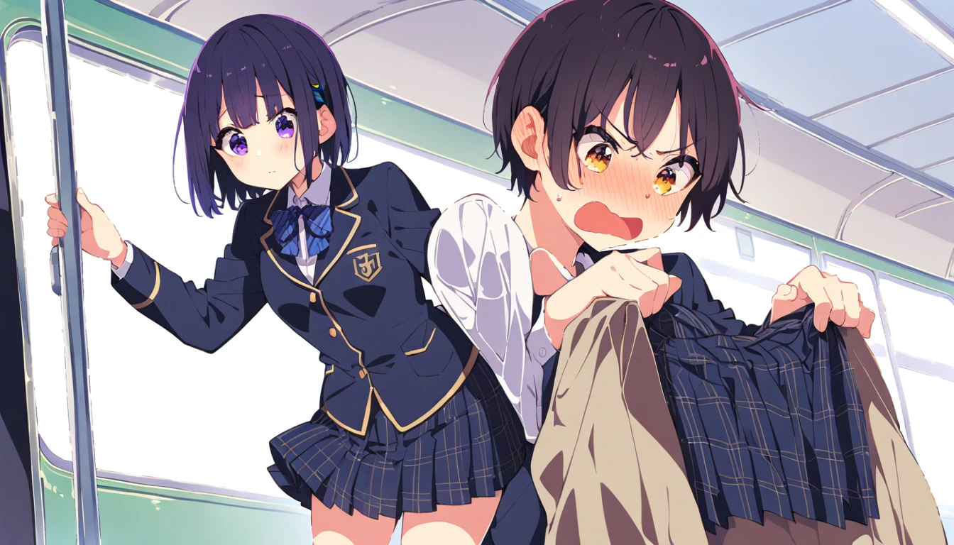 A middle-aged man with black bob hair and a blazer and uniform is standing holding onto the handrail of a train、Smelling the ass of a girl in a navy blue checked skirt