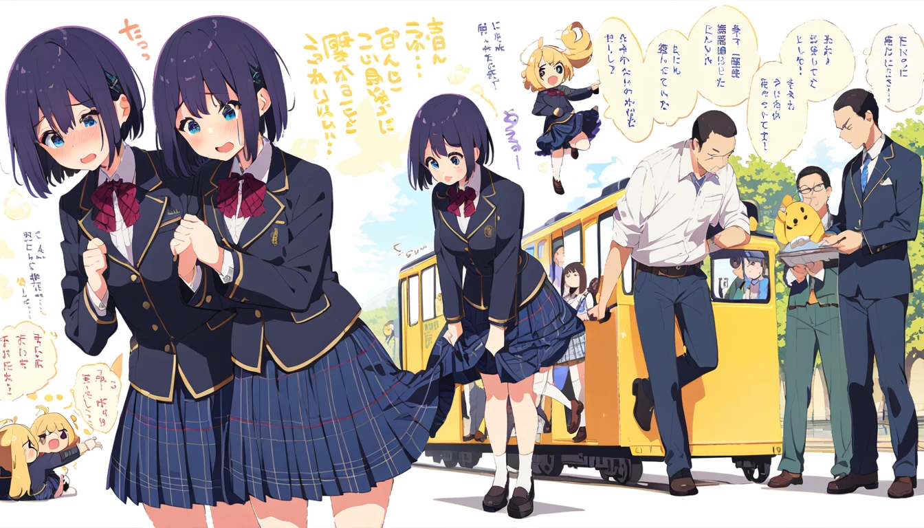 A middle-aged man is standing on a train, looking down and blushing, and is lifting the skirt of a girl with bob hair, a blazer uniform and a navy blue checked skirt.、whole body