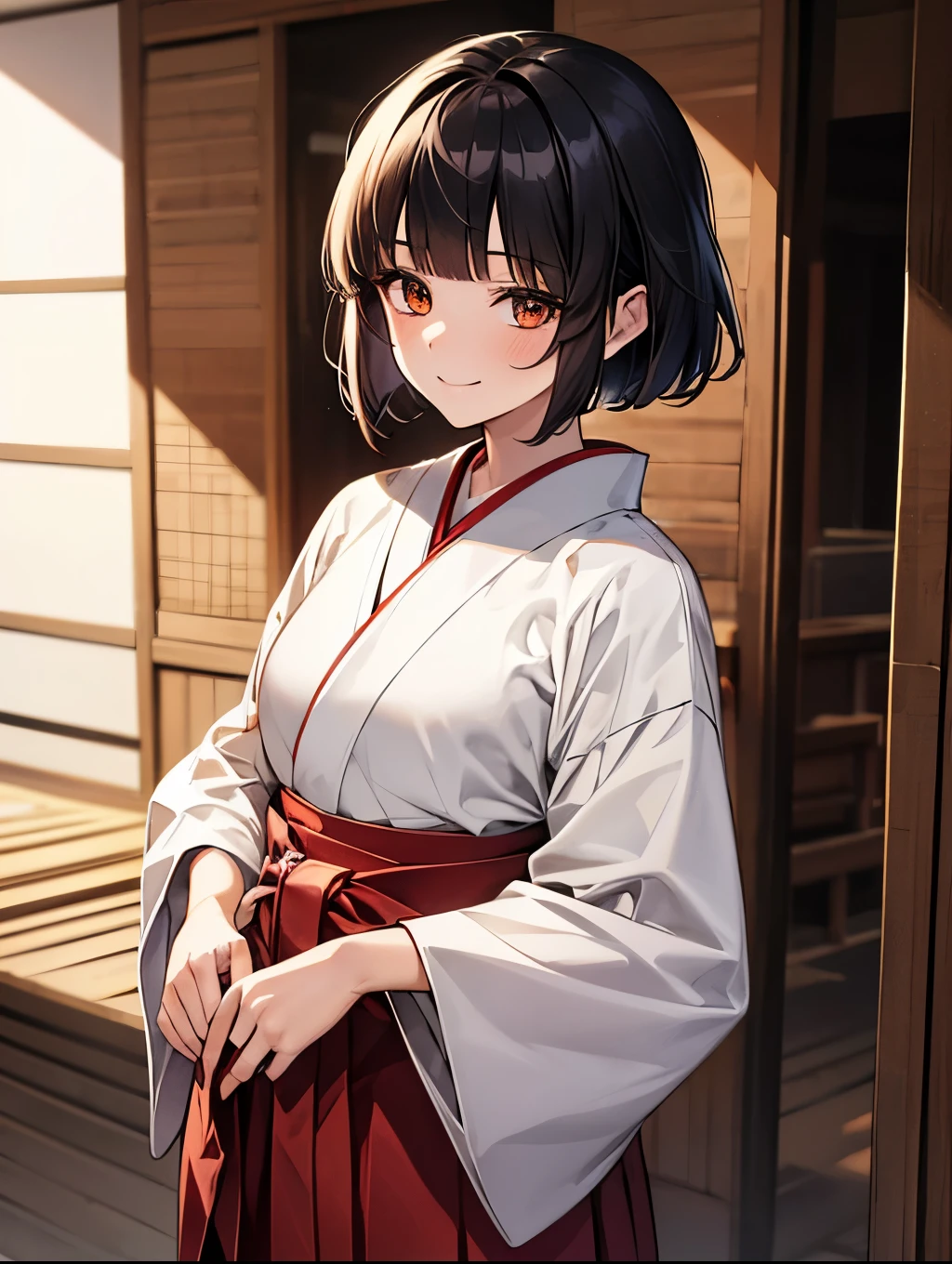 1 girl, Solo, , cute girl, Best Quality, masutepiece, 8K, High resolution, Ultra-detailed, black hair, bob hair, blunt bangs, smile, (grace, shrine maiden costume, white kimono, red hakama, hakama skirt),