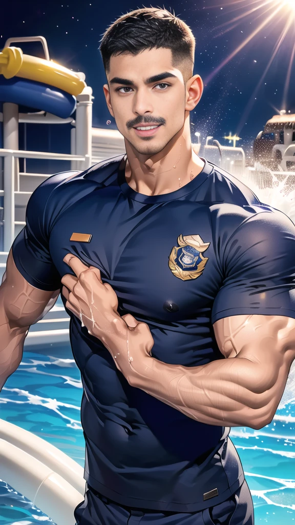 (handsome Man),(Thin mustache:1.1),(crew cut short hair:1.5),black eye,
(navy blue tight-fitting round neck short sleeve T-shirt:1.3),(Police badge:1.3),navy blue cargo pants,(navy_gloves:1,3),
Korean guy,chest muscles,large arm muscles,blood vessel,Big muscles,Broad shoulders,(open mouth:1.2),(face up:1.2),(open eyes:1.5),middle of the road,smile,(water park:1.4),