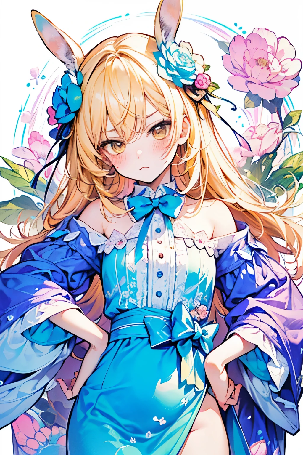 chibi character,Rabbit motif,(brush),((cute,kawaii,wonderland)),((pastel color)),((Cute assortment)),(Embarrassed blushing face),Shiny yellow hair,(Rainbow),((Angel:1.2)),((With both hands on her hips, she sulks.:1.25)),Top view,Close-up of face