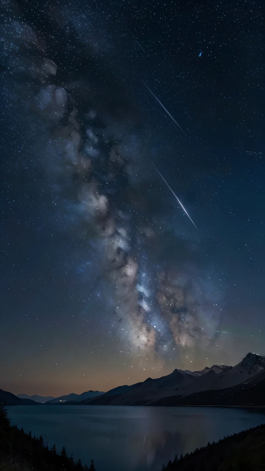 there are many stars in the sky above a lake and mountains, shooting star in background, on a clear magnificent night sky, on a clear night sky, night sky with many meteorites, meteors are falling from the sky, sky strewn with stars, falling star on the background, star in the sky, stars in the sky above, perseides meteor shower