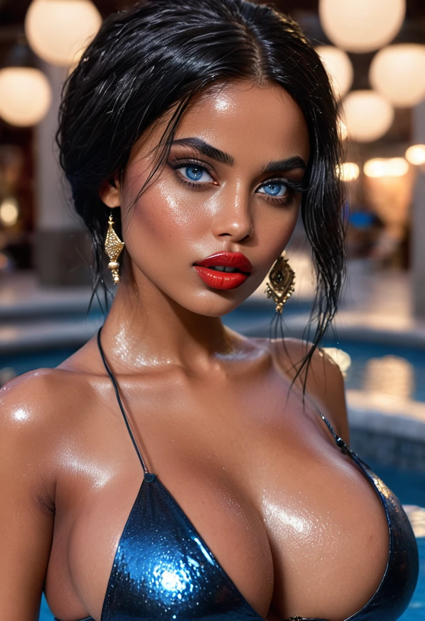 (muste piece, highest quality)((8k)),full body,black hair,black skin ,super detailed,((full body)),arab girl,very hot girl ,blue eyes,red lips ,photorealistic,dark bronze shiny skin,sweaty skin ,wet skin,beautiful female mode,Black woman in black bilini, blue eyes, in dubai night,,horny, (shiny skin), she is wet and intimate, she has a submissive expression, direct eye contact, hyperrealistic, unreal engine 5,Suggested pose, 8K