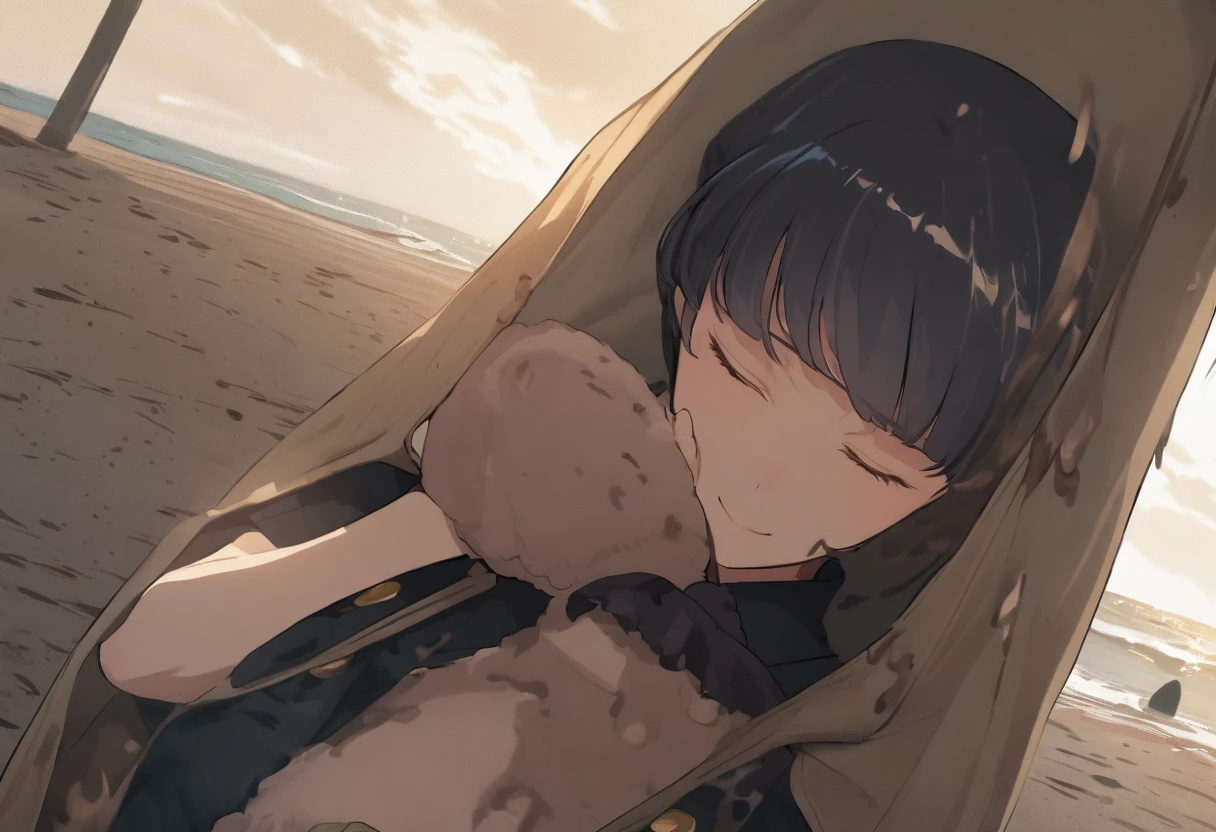 head shot、One person、tideland、blue sky、Black T-shirt、Black Swimsuit、Short black hair、Thighs、Girl、Girl、Short、Younger、Lower school year、Baby Face、Both eyes open、flat chest、refreshing、smile、Innocence、Dynamic Angle、Beach、My feet are covered in mud、There's a little bit of mud on my face、sunlight、masterpiece、best quality、ultra-detail、Seaside、Sandy Beach、Sweat、event